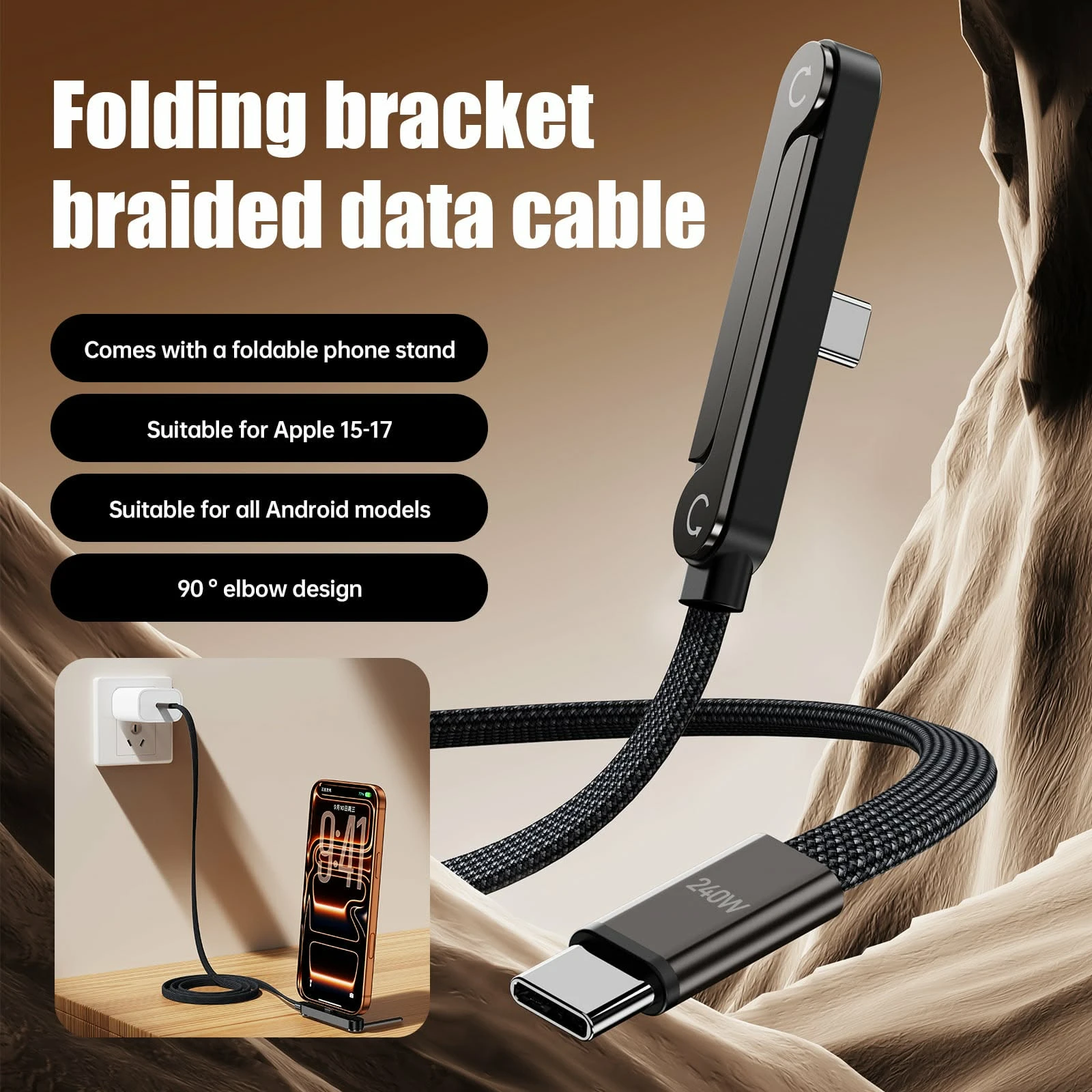 Hidden Holder Charger Cable with Stand, 240W PD Type-C to Type-C - Image 3